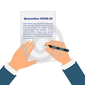 Hands signing decree for quarantine COVID-19. Stay home. Novel coronavirus 2019-nCoV .