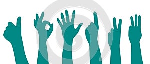 Hands signs, gestures and finger movements set silhouette vector illustration in blue color on a white background. Like