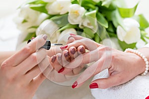 Hands of a skilled manicurist applying red nail polish on nails