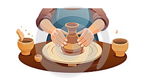 Hands skillfully working clay on a potter's wheel. vector design Generative AI
