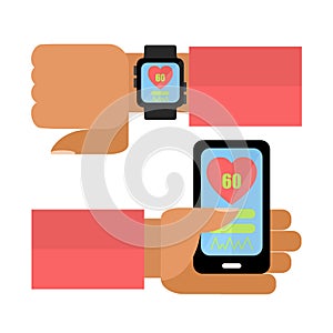 Hands with smart phone and watch.