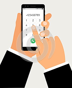 Hands with smartphone dialing. Mobile touch screen phone with numbers pad and business hand, businessman cellphone dial photo