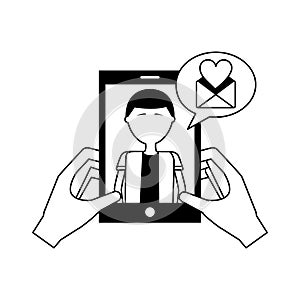 Hands with smartphone man talk bubble message love