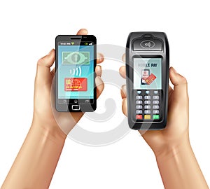 Hands With Smartphone And Payment Terminal photo