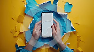 Hands with Smartphone Through Torn Paper.AI generated image