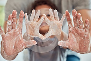 Hands, soap and man with child washing palm for hygiene and bacteria protection with bubbles in a bathroom. Healthcare