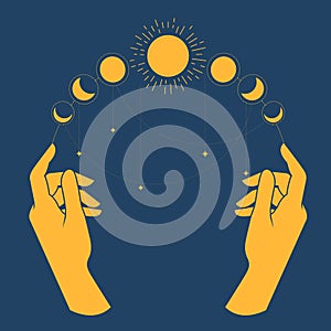 Hands of sorcerer with lunar phases on fingers, moon fortunetelling, horoscope and astrology prediction photo