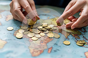 Hands sorting coins on a world map showing various continents and countries in a study or office setting