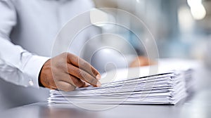 Hands Sorting Through a Stack of Papers at an Office Desk During a Busy Workday