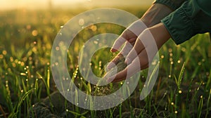 Hands Spreading Soil in Field.AI generated image