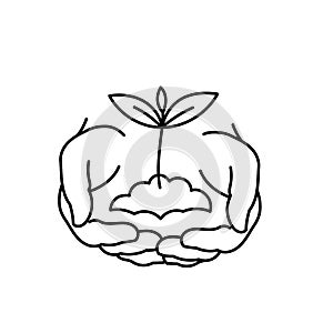 Hands with sprout. Agriculture sprout in hand. Growth of plants. Sketch hand drawn. Vector line. Editable outline stroke