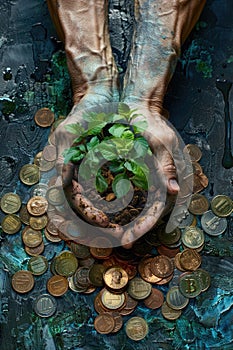 in the hands of a sprout and coins. Selective focus