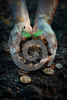 in the hands of a sprout and coins. Selective focus