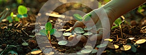 in the hands of a sprout and coins. Selective focus