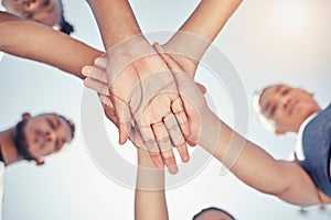 Hands, stack and team have agreement, partnership and connect together outdoor. Hand, goal and loyalty for respect