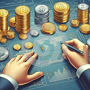 Hands with stacks of coins, gold bars, graphs, diagrams, computer with a world map. Planning financi