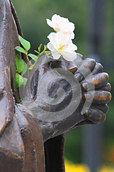 Hands of a statue in pious attitude and white flowers