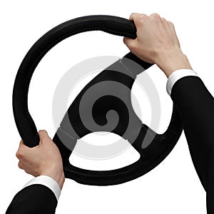 Hands on a steering wheel turn to the left