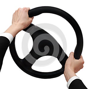 Hands on a steering wheel turn to the right