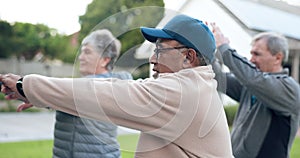 Hands, stretching or old people in park for fitness training together for health or exercise in retirement. Warm up