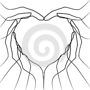 Hands in the style of line art in the shape of a heart. Black lines on a white background. Friendship, love, togetherness, team