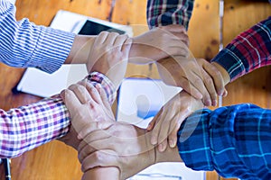 Hands of success startup business teamwork. Creative idea teamwork concept. Group of multiethnic diverse team