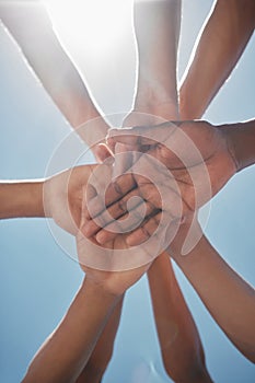 Hands, support and diversity with team, solidarity and together for collaboration and team building. Teamwork motivation