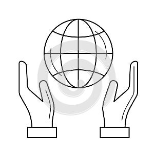 Hands support earth globe vector line icon.