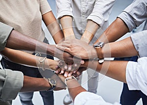Hands, support and people together for teamwork, solidarity or group collaboration from above. Workforce, diversity and