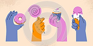 Hands with sweets vector set