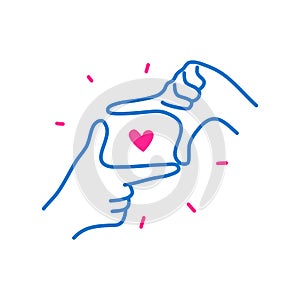 Hands symbol finger frame gesture with heart. Looking for love concept. Hand drawn doodle vector illustration
