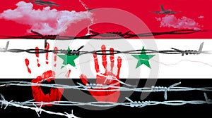 Hands  of  Syrian refugee  against the background of the flag of Syria and barbed wire. Illustration for armed, military conflict