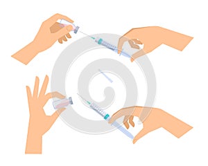 Hands with syringe and vial. Science, medical, laboratory equipment, accessories.
