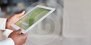 Hands, tablet screen and go green for sustainability, eco friendly and sustainable environment with mockup. Ecology, app