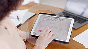 Hands, tablet and woman on screen with a business strategy, research and planning startup with online, website and