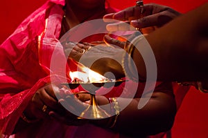 Hands taking flame heat, a ritual of blessings in hindu god worship