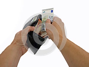 Hands taking out money from wallet in a first person view on white background