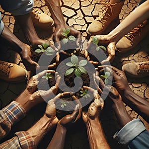 Hands team work and family holding young plants on the arid soil and cracked ground or dead soil