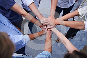 Hands, teamwork and business people with top view of collaboration, partnership or cooperation. Support, unity and