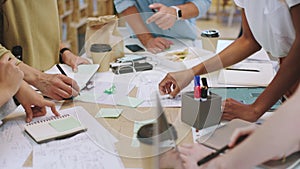 Hands, teamwork and planning with design or business people working as a team in a startup office. Creative, strategy