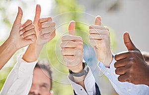 Hands, teamwork or thumbs up of business people outside in agreement for success growth in park. Diversity, motivation