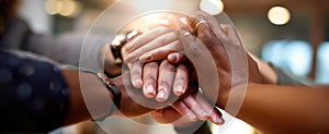 The hands of teamwork united in a gesture of support and collaboration.AI generated image
