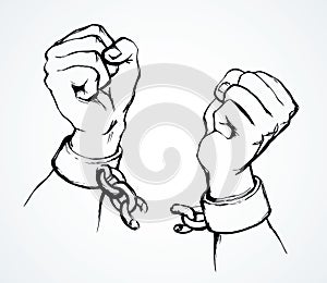 Hands tearing shackles. Vector drawing