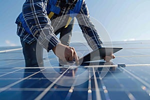 Hands of a technician adjusting solar panel wiring with precision in bright sunlight