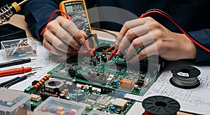 Technician testing electronic circuit board with multimeter