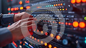 Hands of technician plugging cable into server rack data center for network connection
