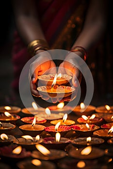 Hands tending to the Diwali diyas, embodying the essence of the Festival of Lights and its spiritual significance