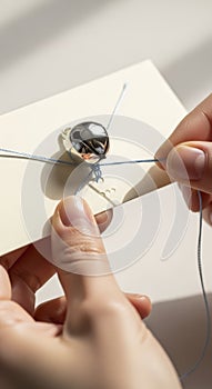 Hands threading a needle with white thread