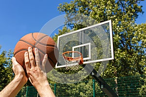 Hands throwing basketball ball