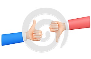 Hands with thumbs up and down gesture 3d render showing positive and negative feedback.